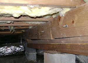 A sagging crawl space with concrete supports and wooden shimming a Roland crawl space