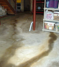 Flooding entering a basement through a floor crack in Paron